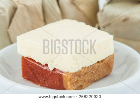 Traditional Colombian Sweet From The Velez Town In Santander Called Bocadillo Served With White Chee