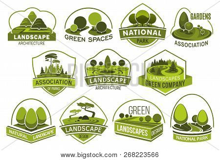 Landscape Design Company Vector Icons, Urban Horticulture Planting Premium Service. Vector Isolated 