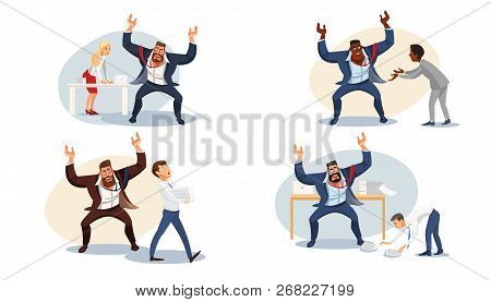 Set Aggressive Boss Screaming At Subordinates. Stressed Vector Cartoon Characters. Office Workers Hu
