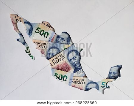 Mexico Map Formed With Mexican Banknotes Of 500 Pesos And White Background