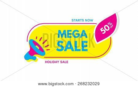 Mega Sale. 50% Off. Megaphone With Bubble Speech. Concept For Promotion And Advertising. Sticker For