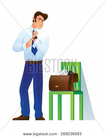 Young Man Going To Work, Putting On Business Office Clothes.