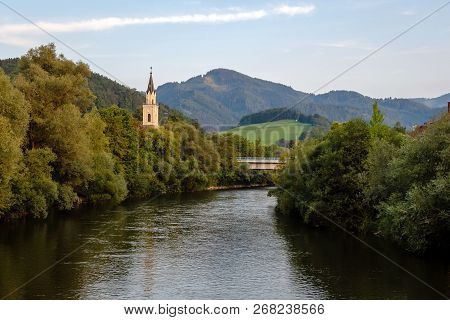 View Of Mur River With Church In Leoben,austria