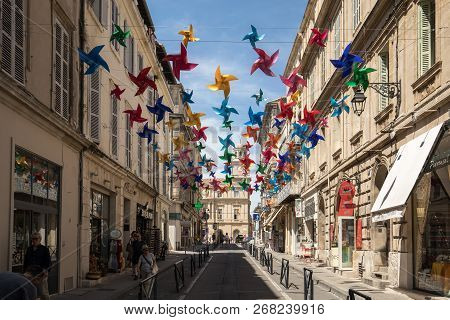 Arles, France - June 27, 2017: Street Decorated With Colorful Stars In Arles, Provence. France