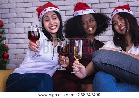 Christmas Party With Champagne Glasses On New Year Party.