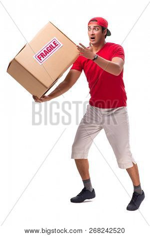 Handsome contractor holding fragile box isolated on white 