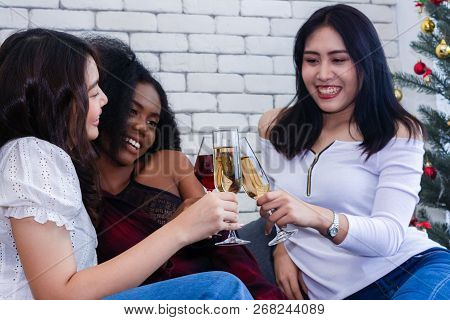 Closeup Photo Of Cheerful Girls Celebrating A Party At Home With Campaign.
