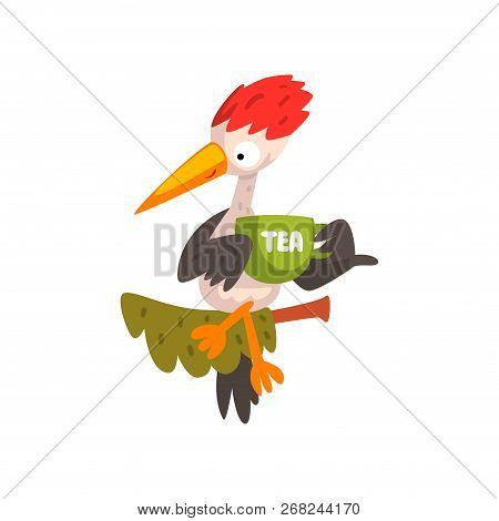 Cute Woodpecker Sitting On A Branch With A Cup Of Tea, Funny Bird Cartoon Character Vector Illustrat