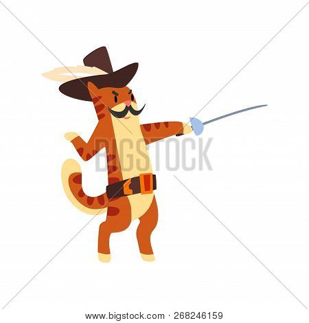 Musketeer Cat Character Fighting With Sword Vector Illustration On A White Background