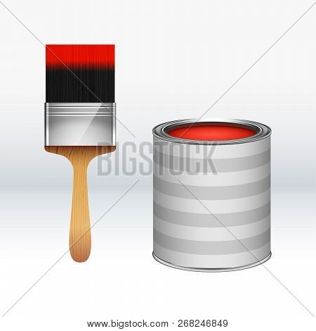 Cartoon Red Paint Bucket With Striped Pattern And Paint Brush. Vector Illustration Of Isolated On Wh