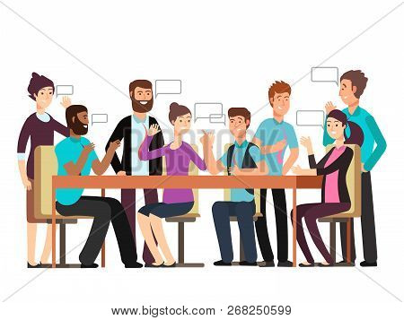 Cartoon Character Business Team Have Conversation. Woman And Man At Morning Meeting. Illustration Of