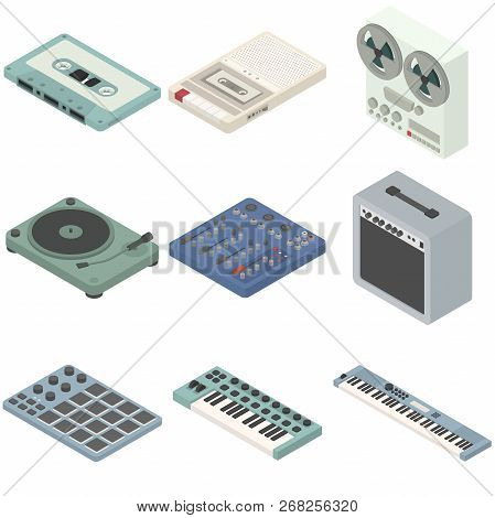 Vector Isometric Music Recording And Playing Equipment Mixed Color Set