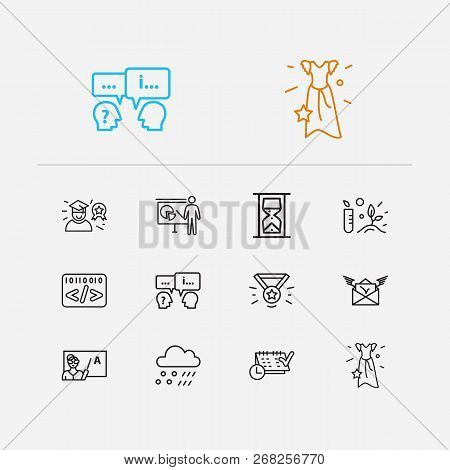 Online Learning Icons Set. Informatics And Online Learning Icons With Prom Dress, Timetable And Meda