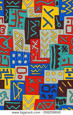 African Tribal Seamless Vector Pattern. Abstract Hand-drawn Ethnic Background. Vertical Orientation