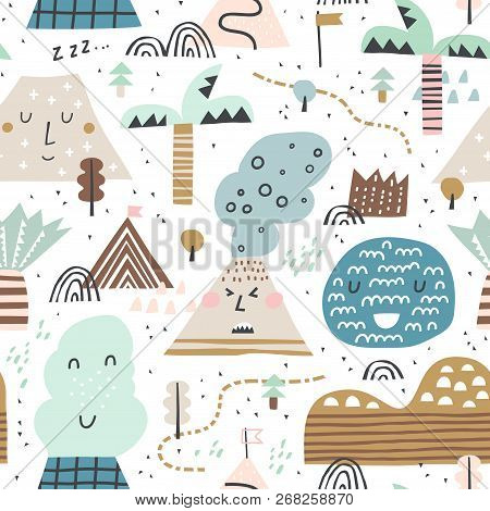 Cute Hand Drawn Seamless Pattern With Mountains And Trees. Creative Mountains Landscape. Vector Illu