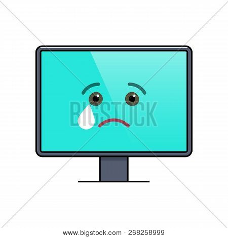 Crying Face On Computer Screen Emoticon Icon. Yearning Digital Device Emoji. Social Communication An