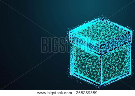 Wireframe Mesh Polygonal Element. Cube With Connected Lines And Dots. With Crumbled Edge On Blue Nig
