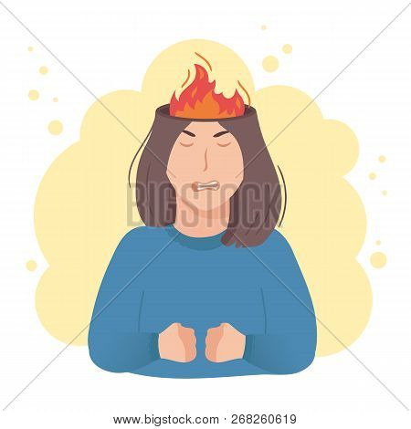 Inside Woman’s Head Concept. Angry Aggressive Girl, Fire And Flame In Place Of Brain. Negative Mood 