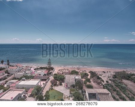 Aerial view of Granelli beach, a seaside place in Sicily. The shot is taken in a beautiful sunny sum