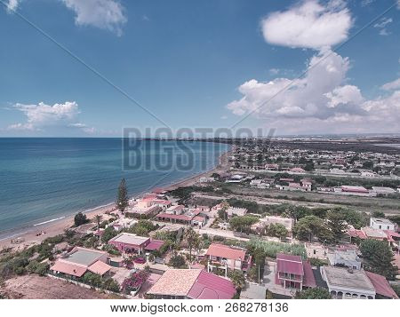 Aerial View Of Granelli Beach, A Seaside Place In Sicily. The Shot Is Taken In A Beautiful Sunny Sum