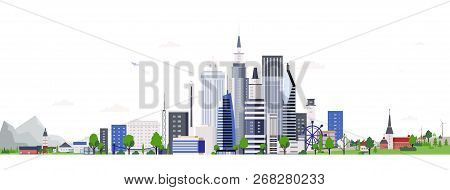 Horizontal Landscape With Modern Tall Buildings Of Downtown Or Business Area. Cityscape With Skyscra