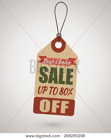 Vintage Cardboard Sale Label Or Price Tag Template In Retro Style With Discount Up To 80 Percent. Ve