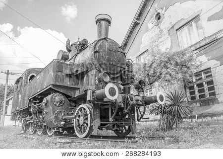 Yugoslavian Train Near Old Rail Station In The City Of Vrsac Serbia East Europe, Black And White