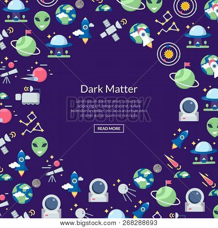 Vector Flat Space Icons Background With Place For Text Illustration. Galaxy Space, Rocket Ship Trave