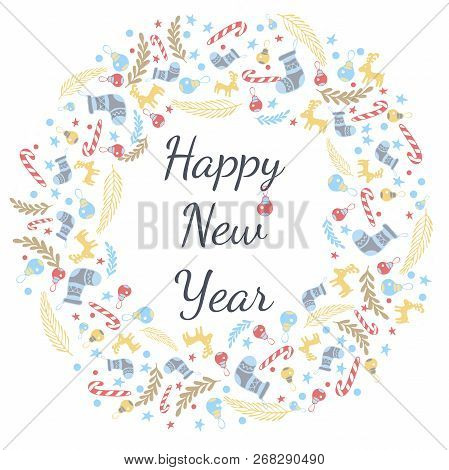 Happy New Year Greeting Card With Wreath,