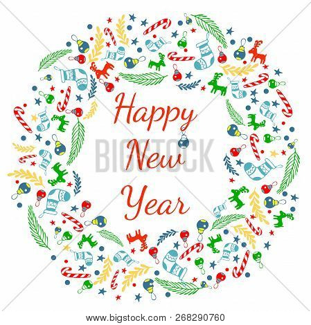 Happy New Year Greeting Card With Wreath,