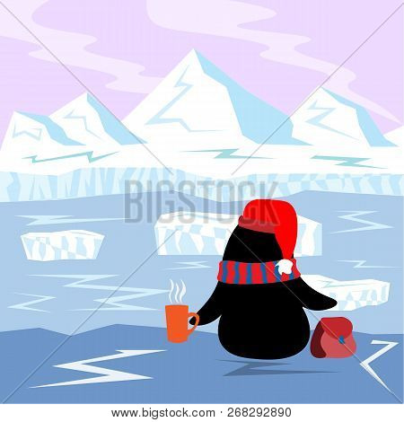 Little Penguin With Hot Tea Sitting On The Edge And Looks At The Drifting Ice Floe In The Arctic
