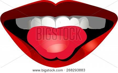 Beautiful Smiling Open Mouth With Red Sexy Lips, Tongue And Teeth 3d Realistic Icon Isolated On Whit