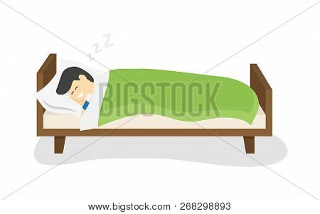 Sleeping Man Lying On A Pillow And Dreaming At Night. Man Is Sleeping In His Bed. Vector Illustratio