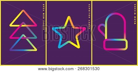 Winter Holidays Greeting Card With Colorful Gradient Pictograms. Happy New Year. Modern Design Templ