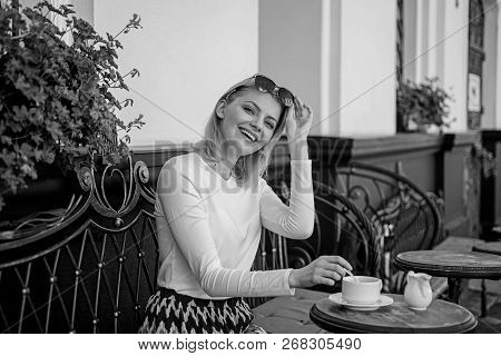 Mug Of Good Coffee In Morning Gives Me Energy Charge. Woman Elegant Happy Face Have Coffee Cafe Terr