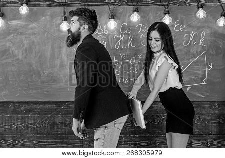 Girl On Smiling Face Having Fun While Punishes Teacher. Student Lady Slapping On Teachers Buttocks W