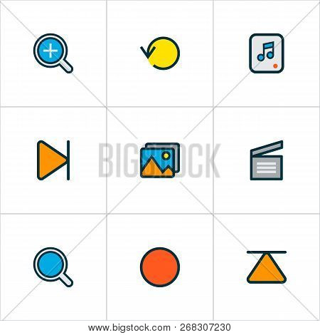 Music Icons Colored Line Set With Search, Top, Replay And Other Eject Elements. Isolated Vector Illu