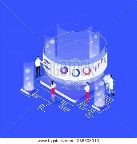 Group Of Tiny People Or Analysts Standing Around Giant Integral Circuit, Charts, Diagrams, Graphs On