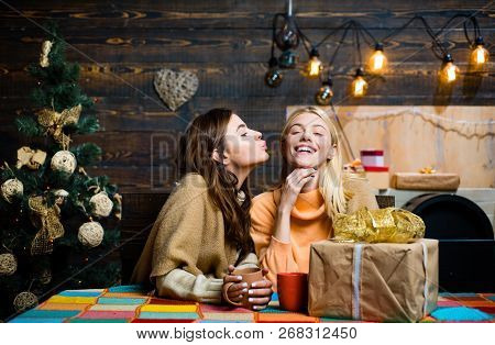 Funny Girls And Friendship Concept. Group Of Friends Celebrating New Year And Merry Christmas. Chris