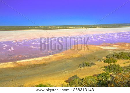 Aerial View From Pink Lake Lookout Of Salt Lake In Port Gregory, Western Australia. Hutt Lagoon Is P