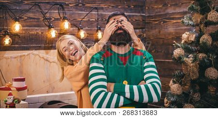 Happy Family Preparing To New Year. I Want To Give You Your Christmas Present. Surprised Couple With