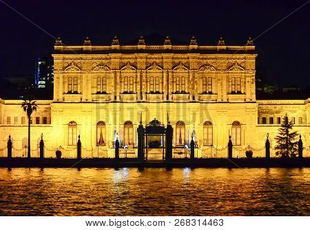 Istanbul, Turkey, September 19 - 2018. Dolmabahce Palace Seen From The Water At Night.
