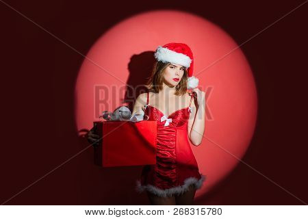 Sexy Girl Ready To Celebrate New Year And Merry Christmas. New Year Presents In Gift Box. Perfect Wo