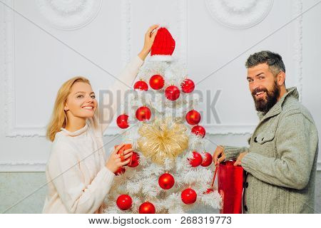 Happy Family Preparing To New Year. Christmas Holiday Party. Christmas, New Year Celebration. Red An