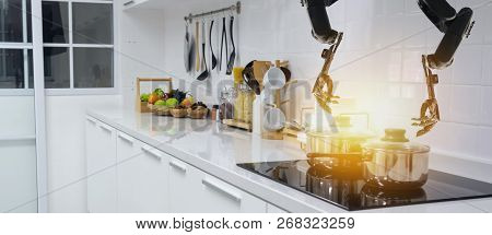 Smart Handy Dexterous Chef Robotic Assistant In Kitchen Technology Concept, Robot Hand Receive An Or