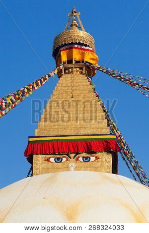 Boudha, Bodhnath Or Boudhanath Stupa With Prayer Flags, The Biggest Buddhist Stupa In Kathmandu City