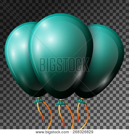 Realistic Dark Jade Balloons With Ribbons Isolated On Transparent Background. Vector Illustration Of