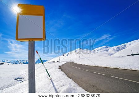 Ski resort road sign on the Aran valley of pyrenees located at the Baqueira village and the Plains of Beret in Lerida Catalonia