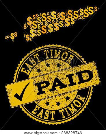 Golden Combination Of Dollar Mosaic Map Of East Timor And Paid Rubber Seal Stamp. Vector Seal With D