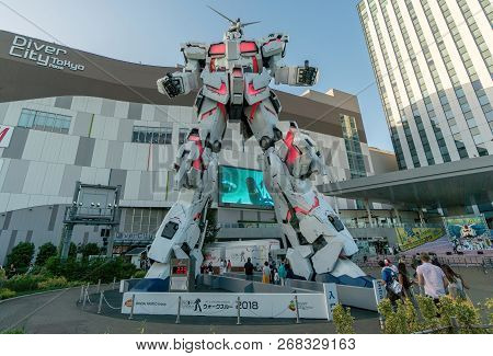 Tokyo, Japan - August 2018: Unicorn Gundam Statue Life Size Standing Front Of Diver City Plaza Tokyo